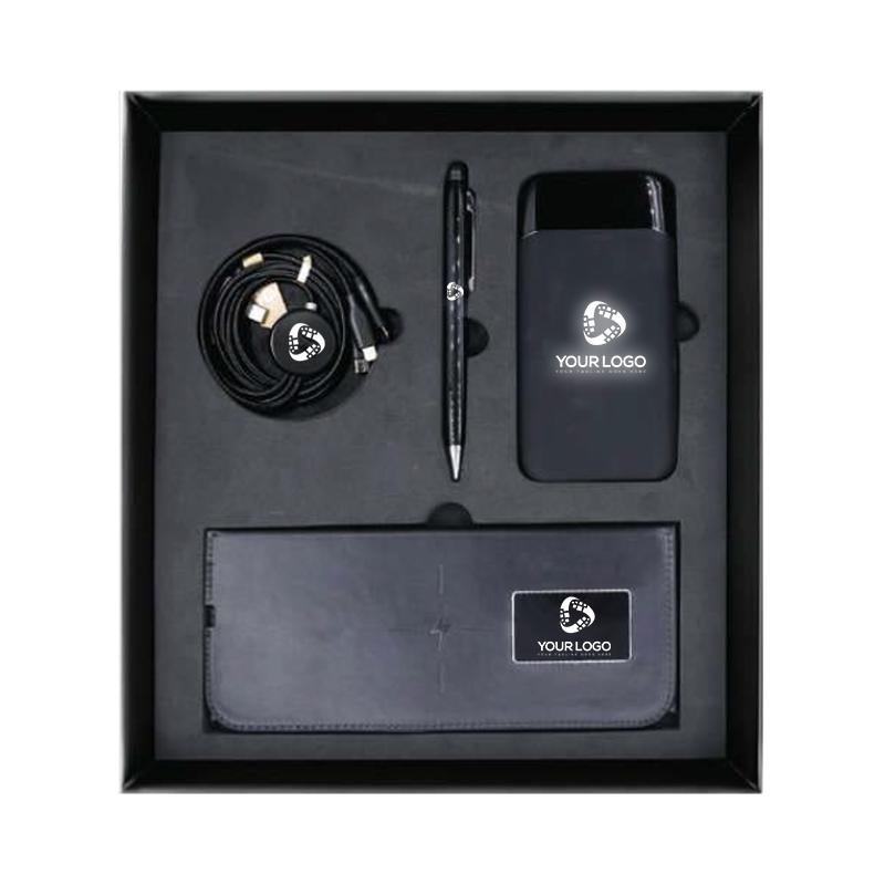 Promotional Gift Sets With Cushioned Gift Boxes - RPET 3 In-1 Cable Powerbank-Light Up Metal Pen